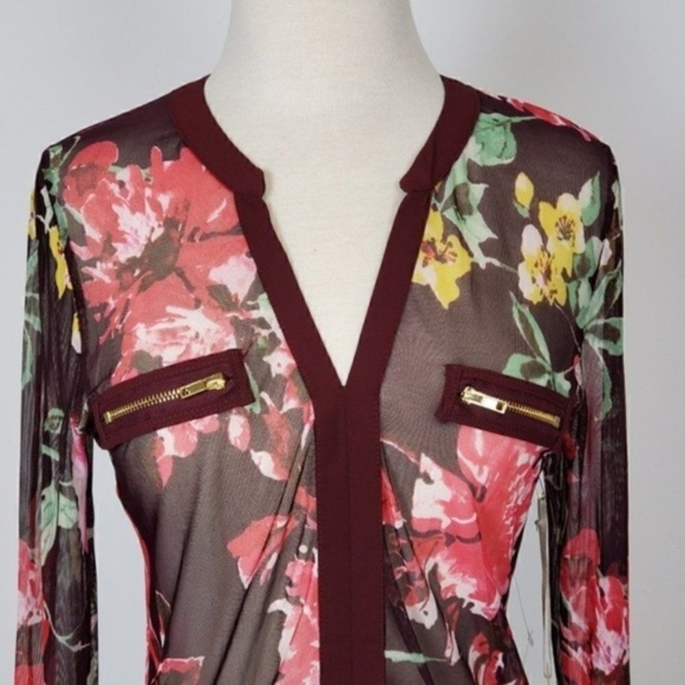 Burgundy Floral Sheer Mesh V-Neck Long Sleeve Top with Zipper Accents Size Large - Picture 3 of 8